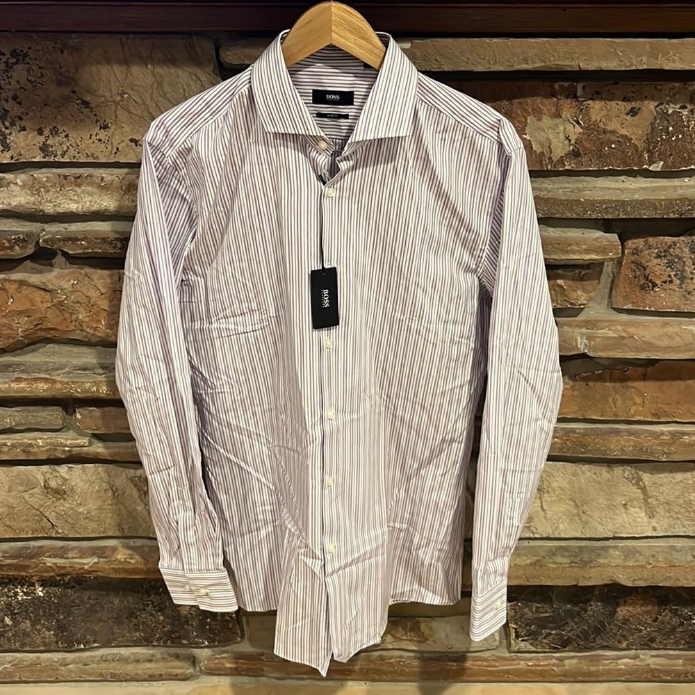 Boss Hugo Boss Spread Collar Striped Purple Slim Fit Dress Shirt